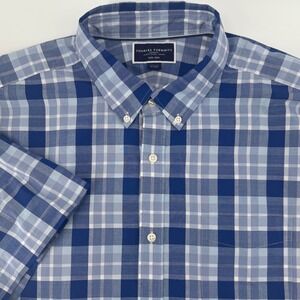 Charles Tyrwhitt Mens XXL Blue Plaid Non-Iron Short Sleeve Button Down Shirt